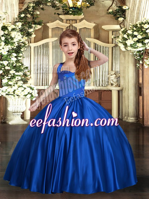  Royal Blue Satin Lace Up Straps Sleeveless Floor Length Pageant Dress for Teens Ruching