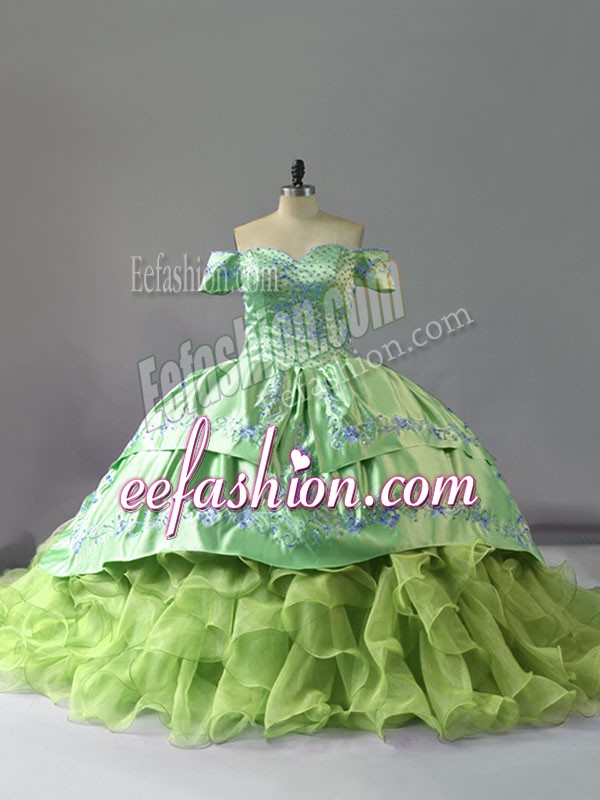 Inexpensive Yellow Green Organza Lace Up Quinceanera Gown Sleeveless Chapel Train Embroidery and Ruffles