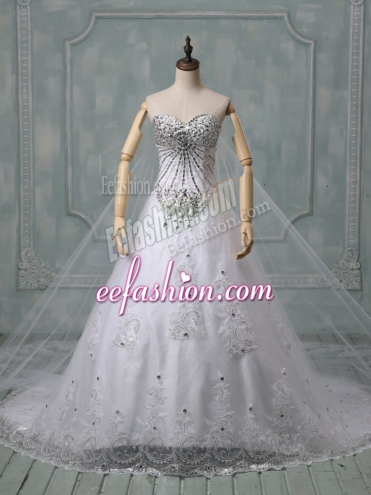  White Tulle Lace Up Bridal Gown Sleeveless Chapel Train Beading and Lace