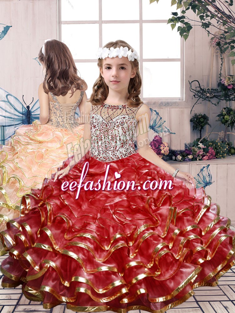  Floor Length Red Little Girls Pageant Gowns Organza Sleeveless Beading and Ruffles