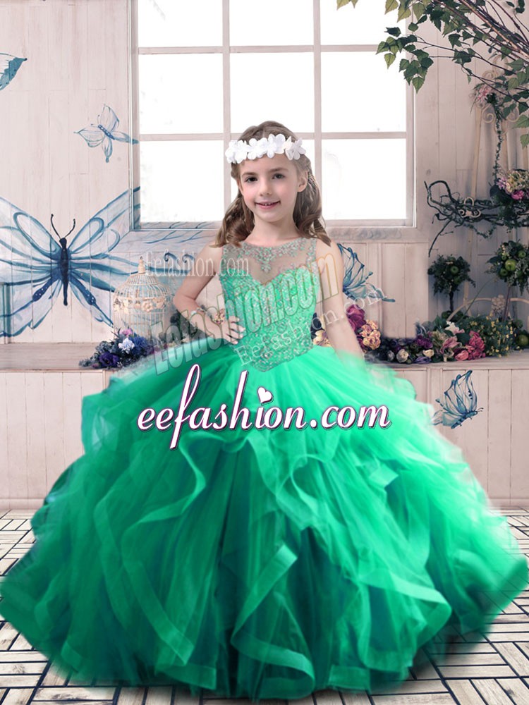  Beading and Ruffles Little Girls Pageant Dress Green Lace Up Sleeveless Floor Length