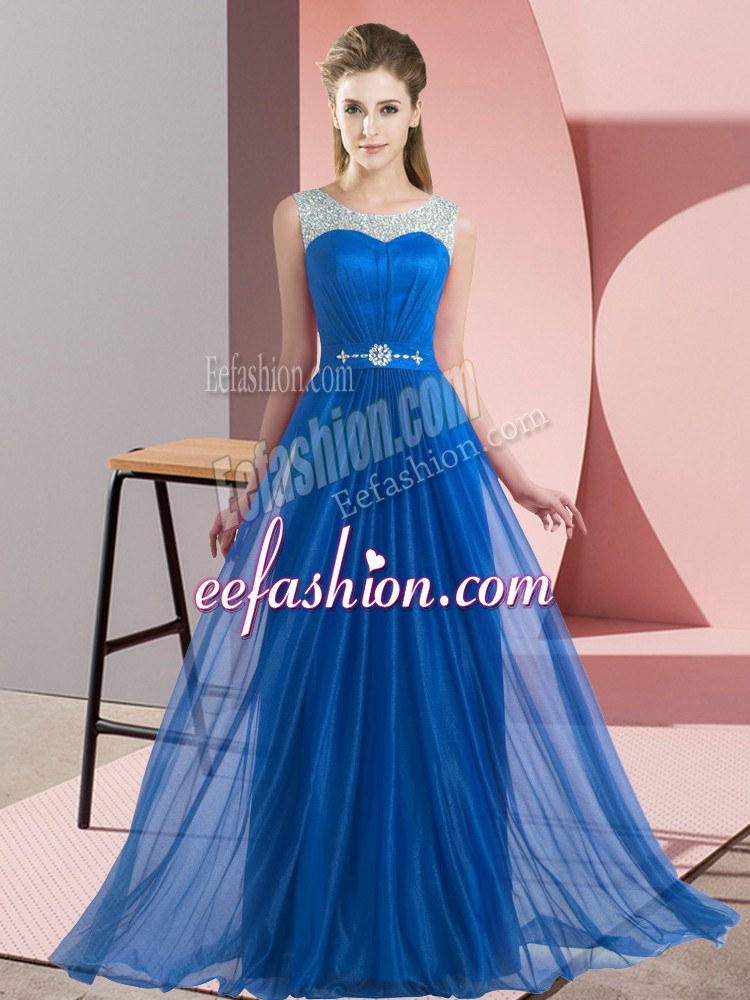 Hot Selling Blue Scoop Lace Up Beading Bridesmaid Dress Sleeveless