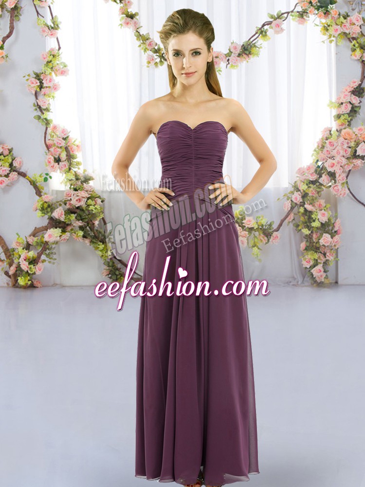  Ruching Quinceanera Dama Dress Dark Purple Lace Up Sleeveless Floor Length