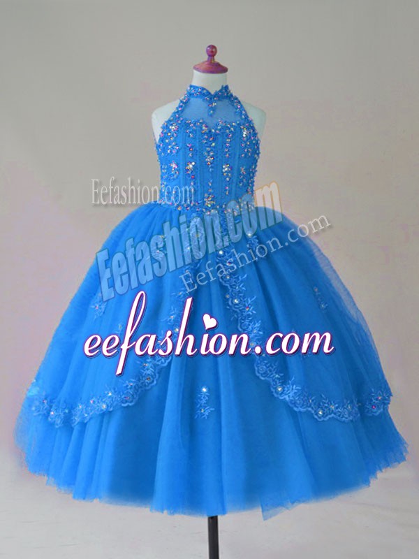 Fancy Blue Sleeveless Tulle Lace Up Kids Pageant Dress for Wedding Party