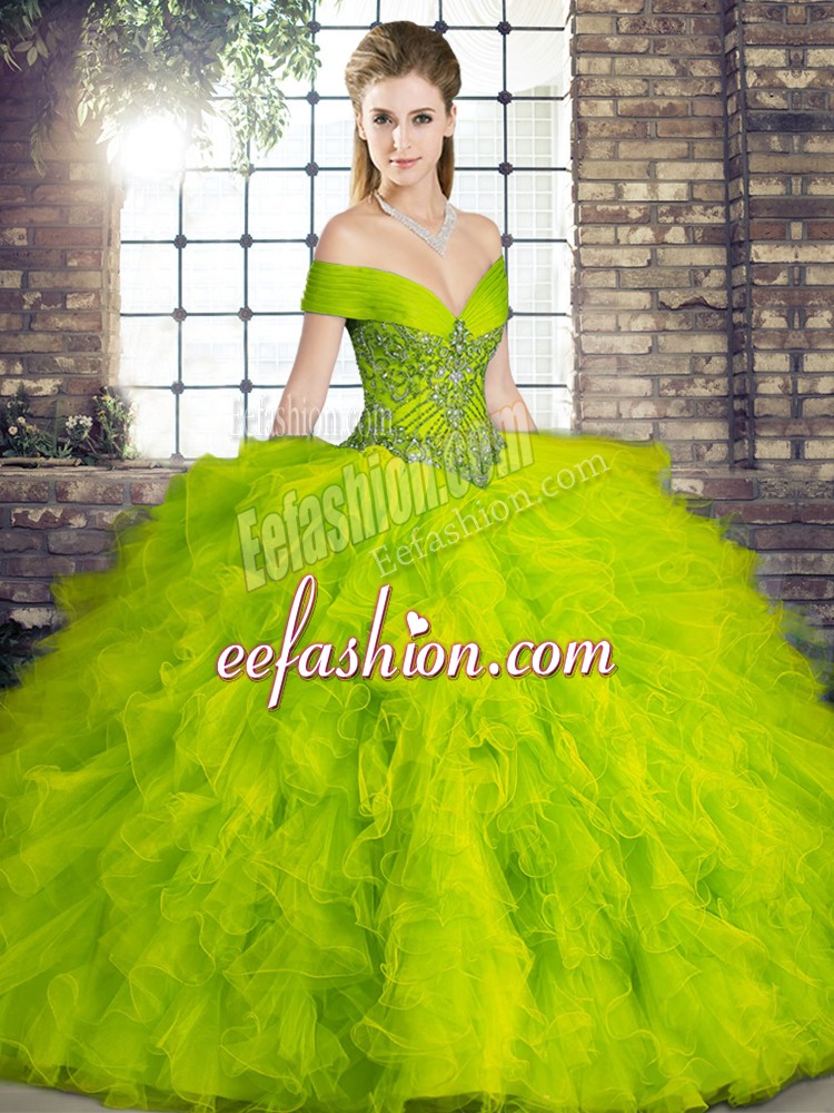  Olive Green Off The Shoulder Lace Up Beading and Ruffles Vestidos de Quinceanera Sleeveless