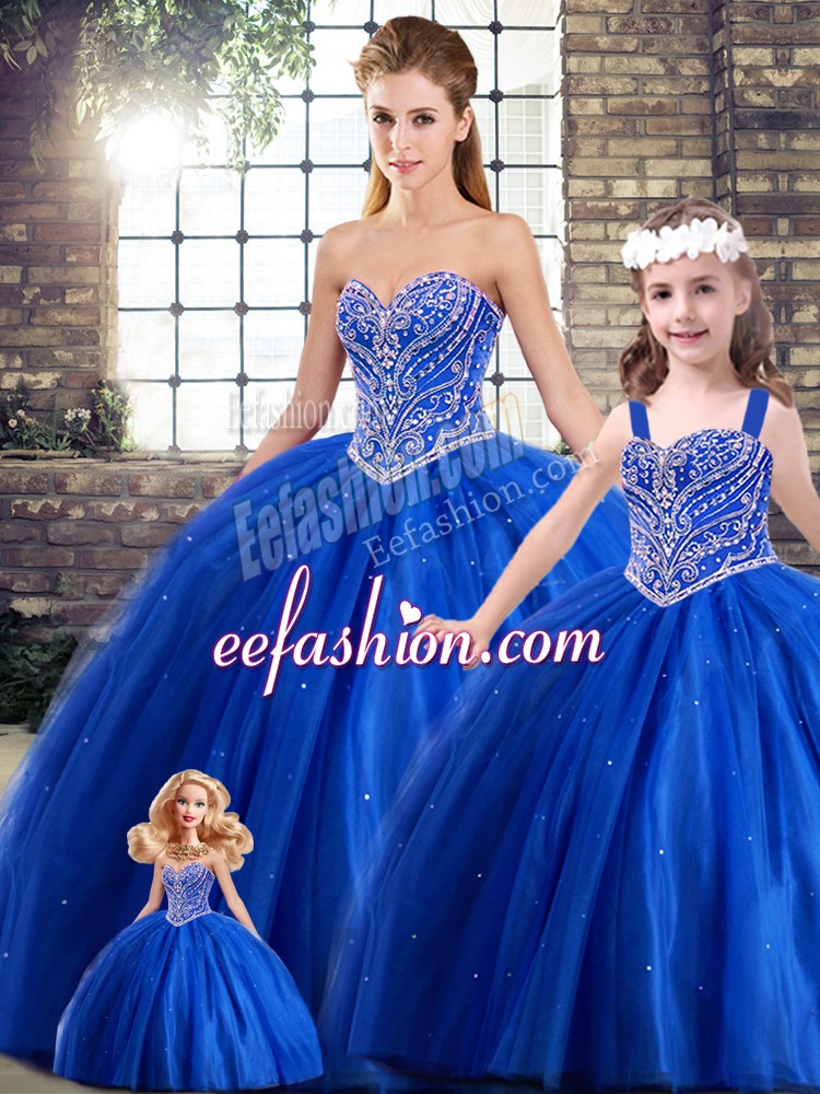 Delicate Blue Quinceanera Dress Military Ball and Sweet 16 and Quinceanera with Beading Sweetheart Sleeveless Brush Train Lace Up