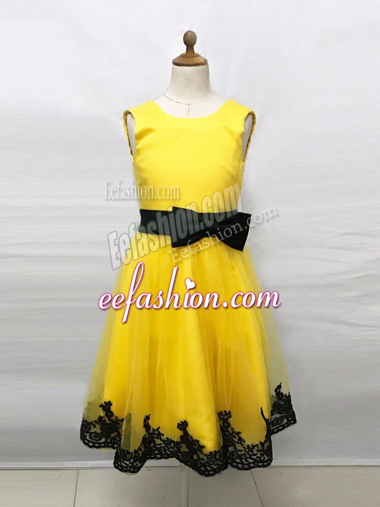  Yellow Sleeveless Tea Length Lace and Belt Zipper Toddler Flower Girl Dress