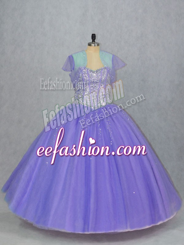  Floor Length Lace Up Sweet 16 Dress Lavender for Sweet 16 and Quinceanera with Beading