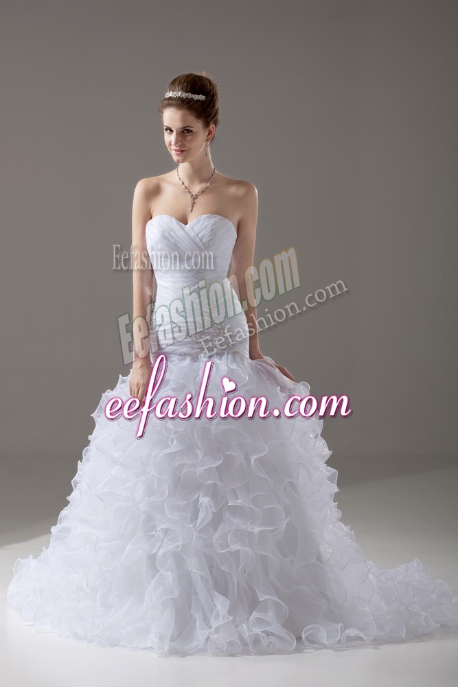 Colorful Sweetheart Sleeveless Brush Train Lace Up Wedding Dresses White Organza