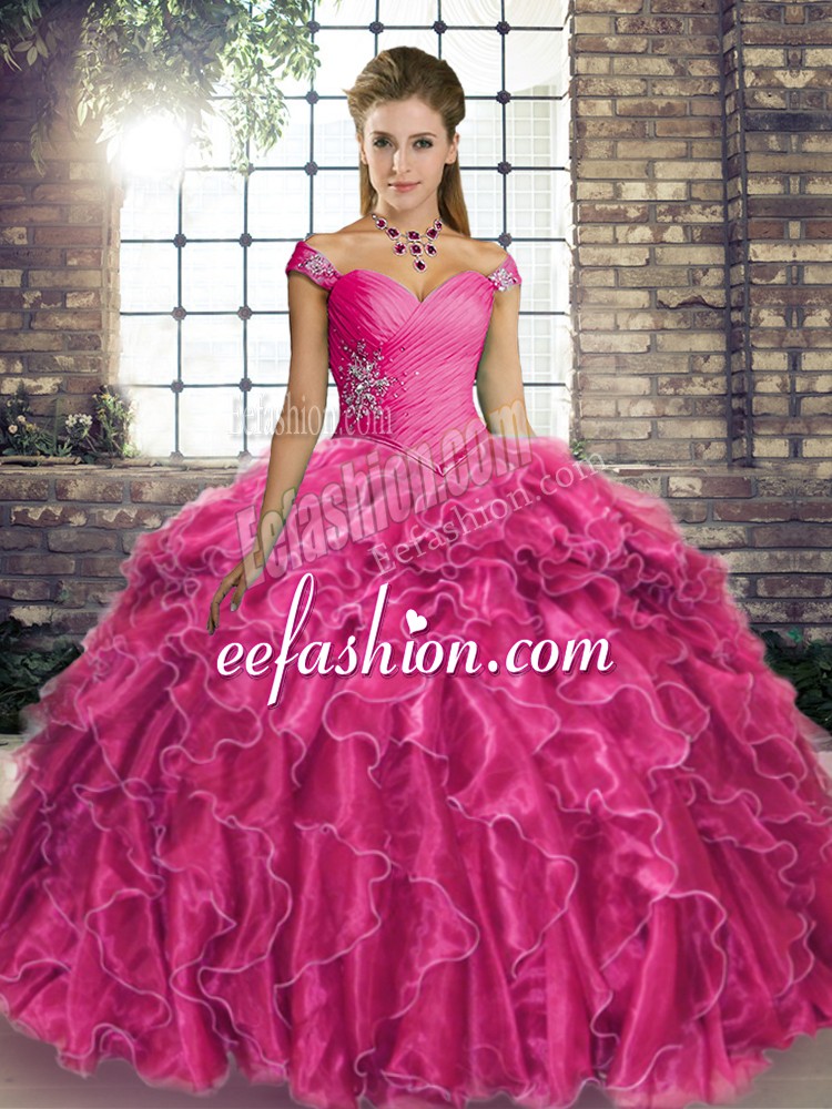 Top Selling Fuchsia Off The Shoulder Neckline Beading and Ruffles Vestidos de Quinceanera Sleeveless Lace Up