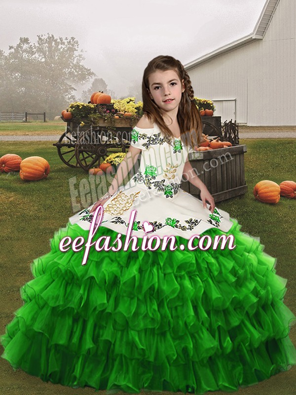 Inexpensive Organza Straps Sleeveless Lace Up Embroidery and Ruffled Layers Kids Pageant Dress in 