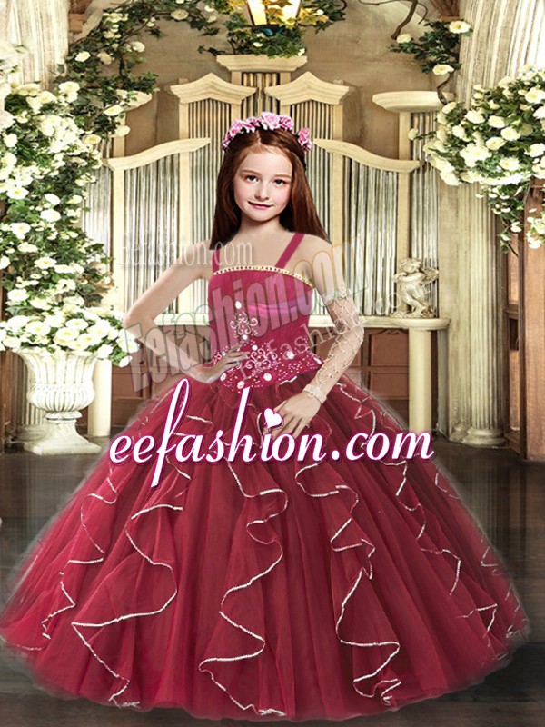  Burgundy Sleeveless Beading and Ruffles Floor Length Pageant Gowns For Girls