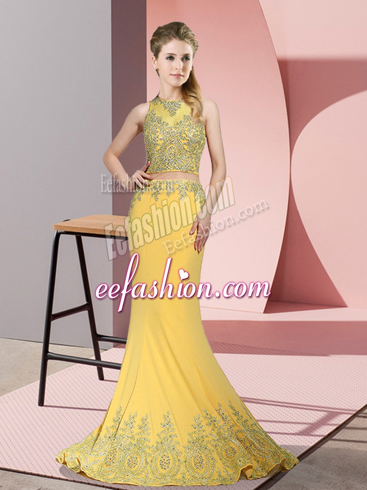  Sleeveless Beading and Appliques Zipper Prom Dresses with Gold Sweep Train