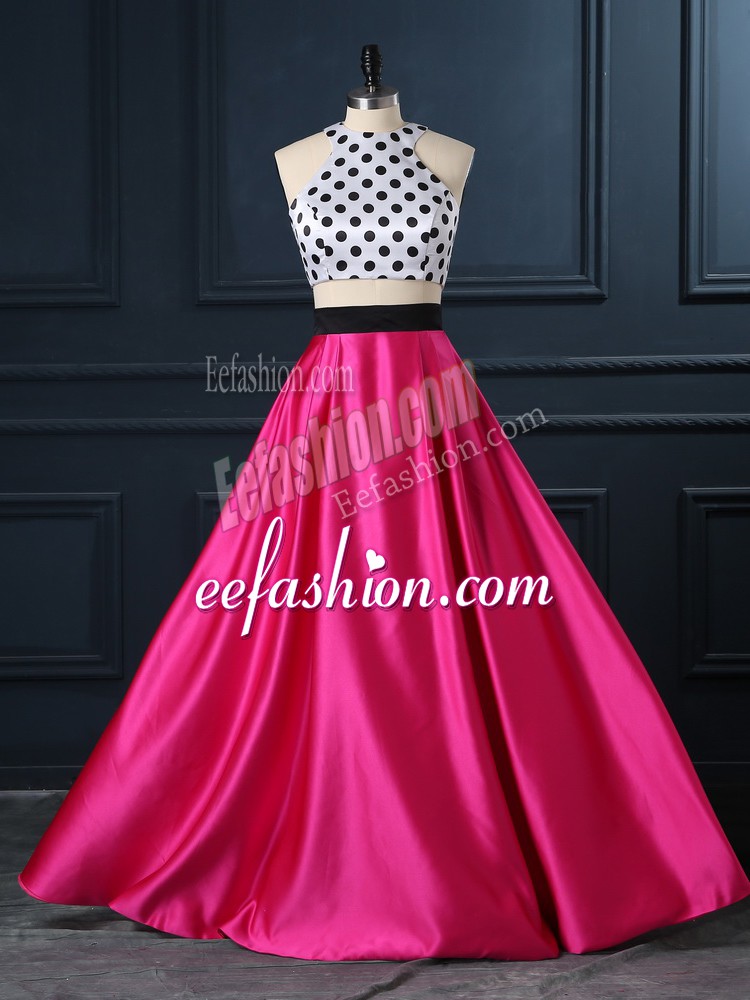  Floor Length Two Pieces Sleeveless Hot Pink Prom Gown Lace Up