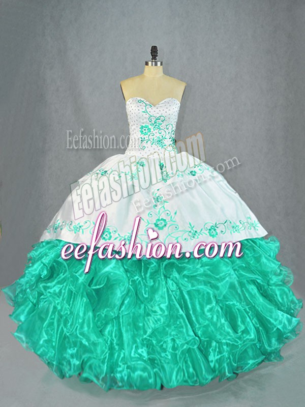  Turquoise Organza Lace Up Sweetheart Sleeveless Floor Length Sweet 16 Dress Embroidery and Ruffles