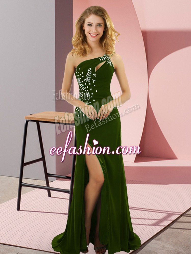 Deluxe Olive Green One Shoulder Lace Up Beading Dress for Prom Sweep Train Sleeveless