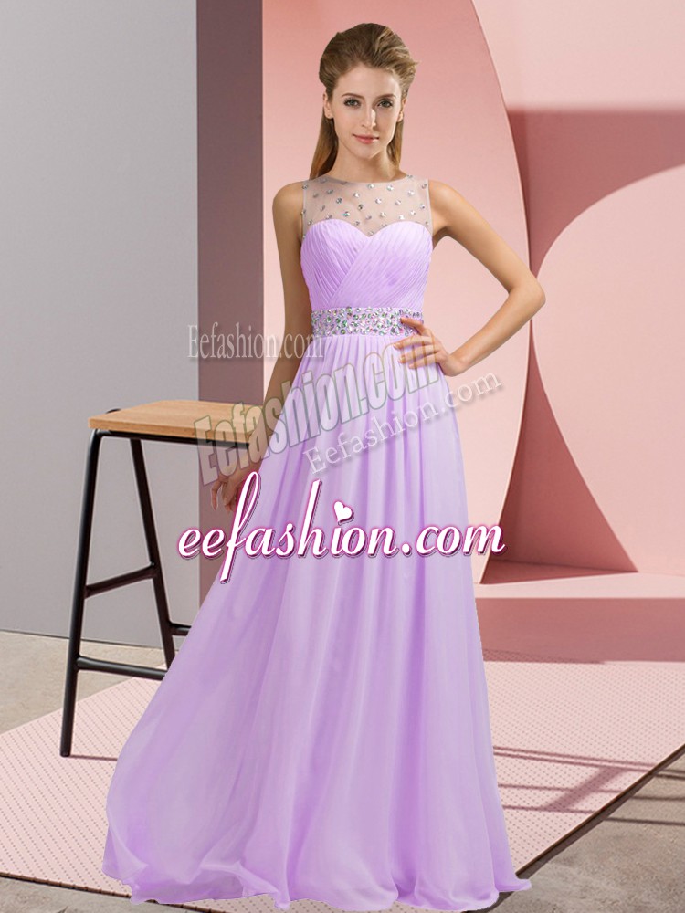  Sleeveless Chiffon Floor Length Backless Evening Dress in Lavender with Beading