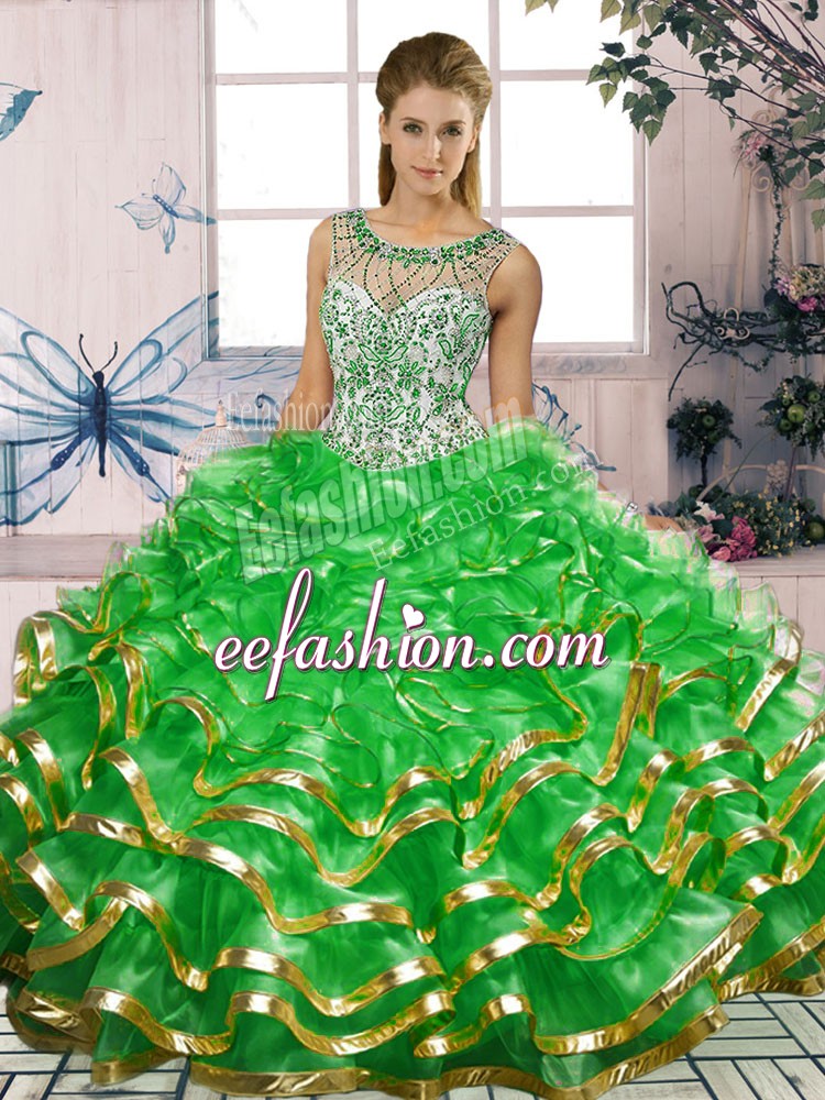 Discount Scoop Sleeveless 15th Birthday Dress Floor Length Beading and Ruffles Green Organza