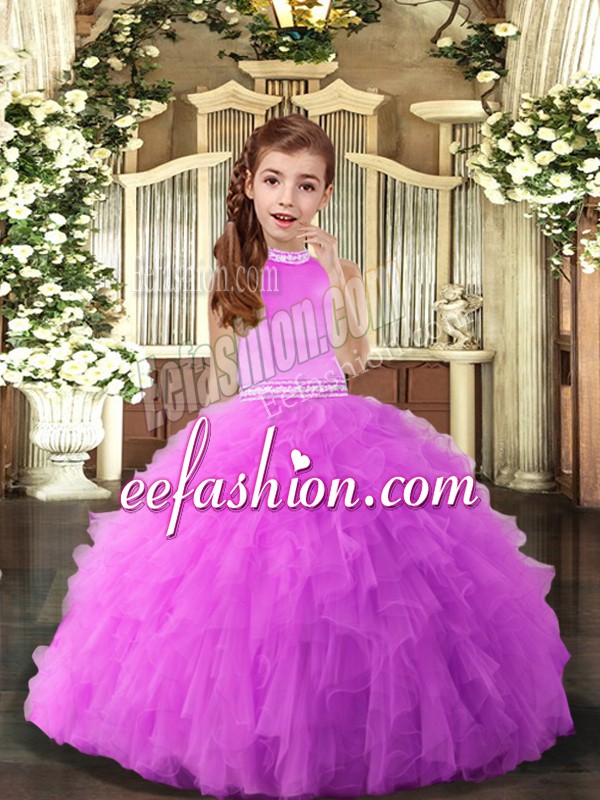 Perfect Ball Gowns Little Girl Pageant Gowns Lilac Halter Top Tulle Sleeveless Floor Length Backless