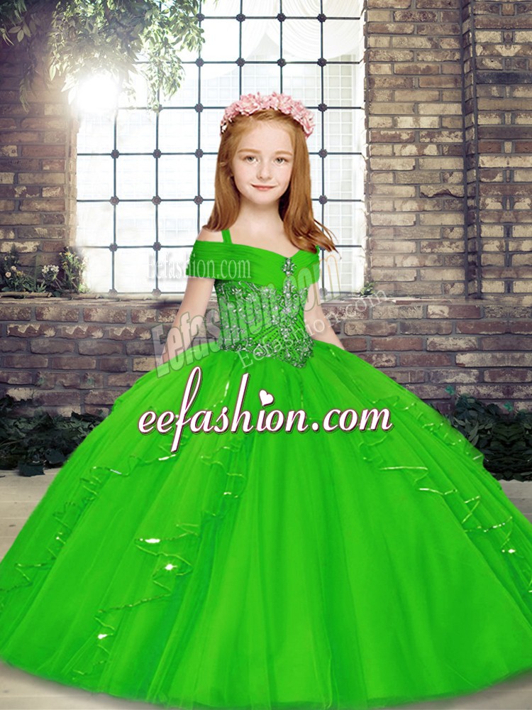 Super Green Ball Gowns Straps Sleeveless Tulle Floor Length Lace Up Beading Pageant Dress