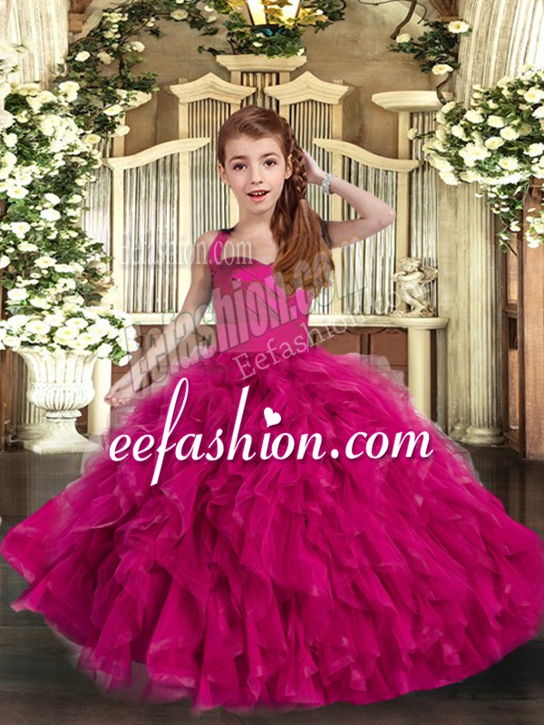 Exquisite Tulle Straps Sleeveless Lace Up Ruffles Little Girl Pageant Gowns in Fuchsia