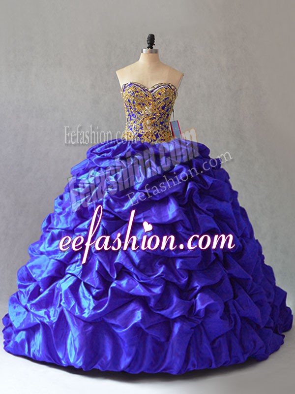 Classical Sleeveless Beading and Pick Ups Lace Up Quince Ball Gowns with Royal Blue Brush Train