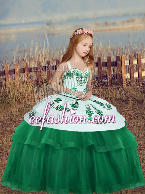 Nice Dark Green Tulle Lace Up Straps Sleeveless Floor Length Little Girl Pageant Gowns Embroidery