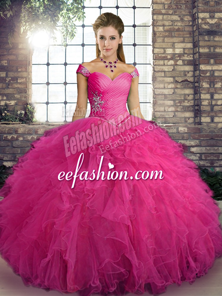 Deluxe Floor Length Hot Pink Quinceanera Dresses Tulle Sleeveless Beading and Ruffles