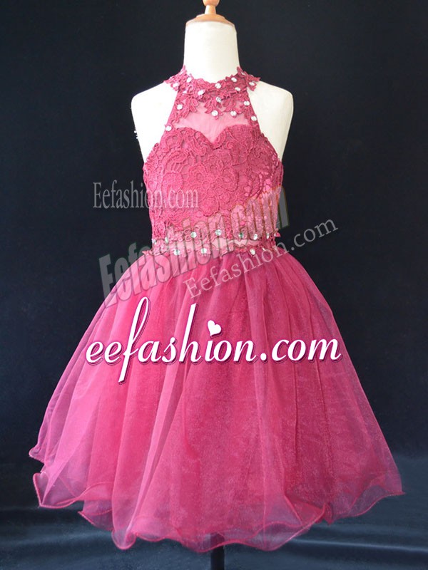 Simple Mini Length Hot Pink Little Girls Pageant Gowns Halter Top Sleeveless Lace Up