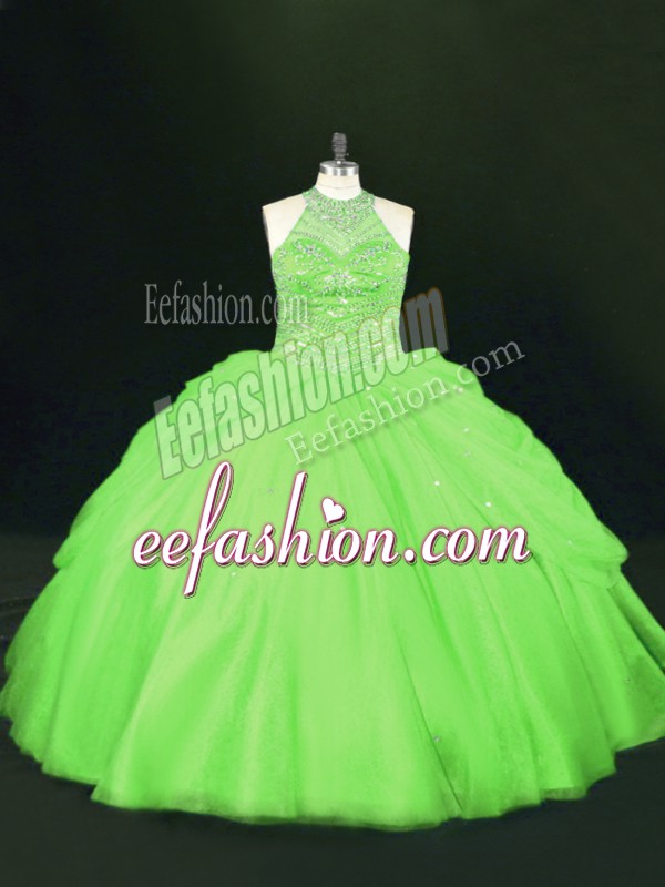  Ball Gowns Beading Sweet 16 Dresses Lace Up Tulle Sleeveless Floor Length