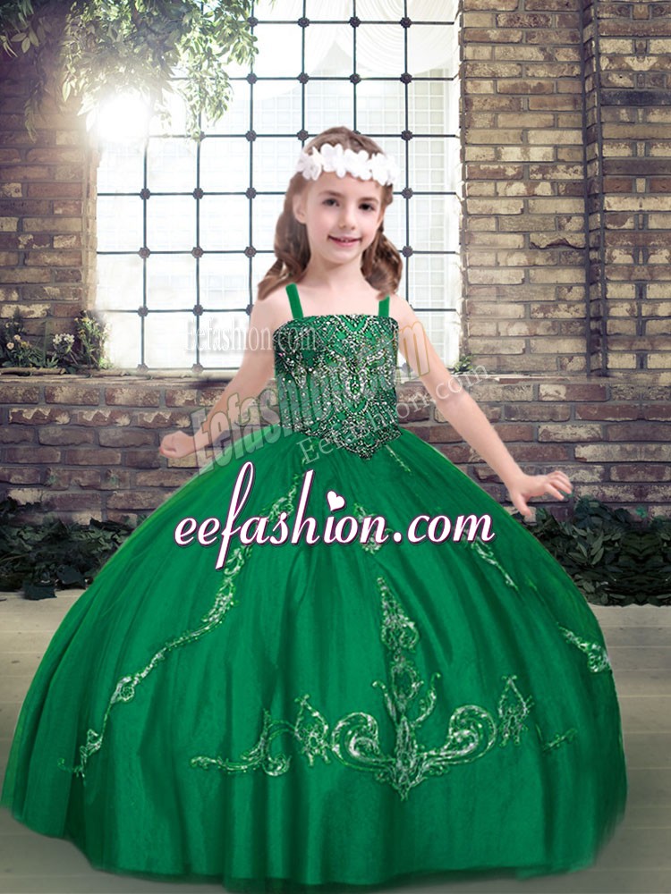 High Class Dark Green Ball Gowns Tulle Straps Sleeveless Beading Floor Length Lace Up Little Girl Pageant Gowns