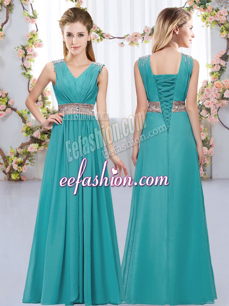  Teal Chiffon Lace Up Quinceanera Court of Honor Dress Sleeveless Floor Length Beading and Belt