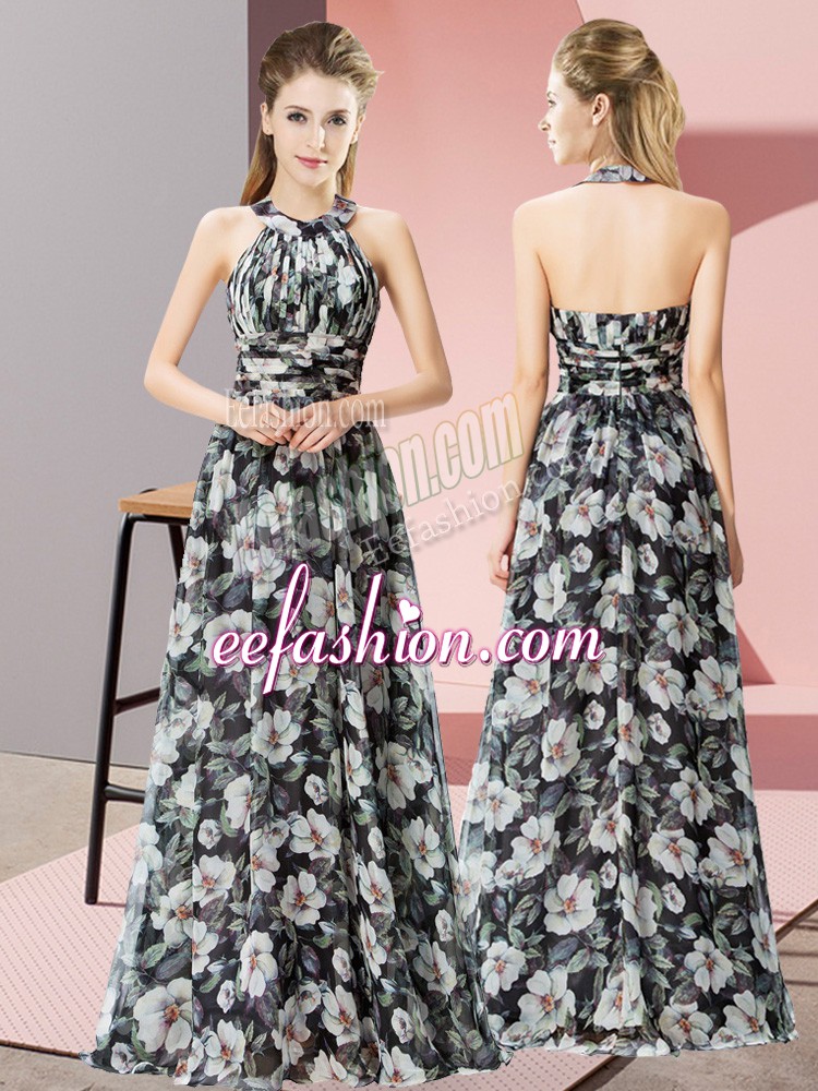 Glittering Halter Top Sleeveless Zipper Dress for Prom Black Chiffon