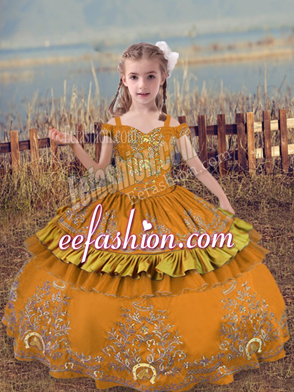Beautiful Sleeveless Satin Floor Length Lace Up Pageant Dress for Girls in Brown with Beading and Embroidery