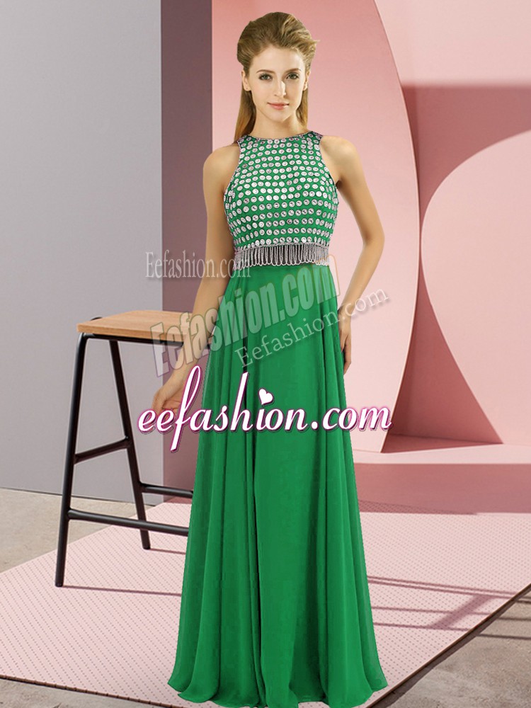  Green Sleeveless Floor Length Beading Side Zipper Homecoming Dress