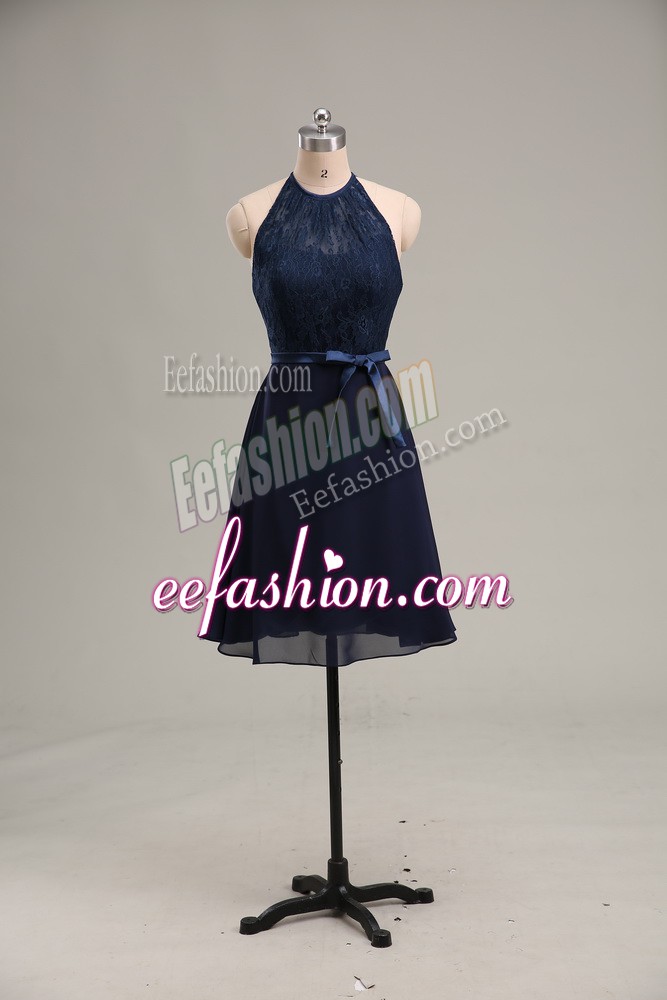 Luxury Navy Blue Scoop Backless Lace and Appliques Prom Dresses Sleeveless