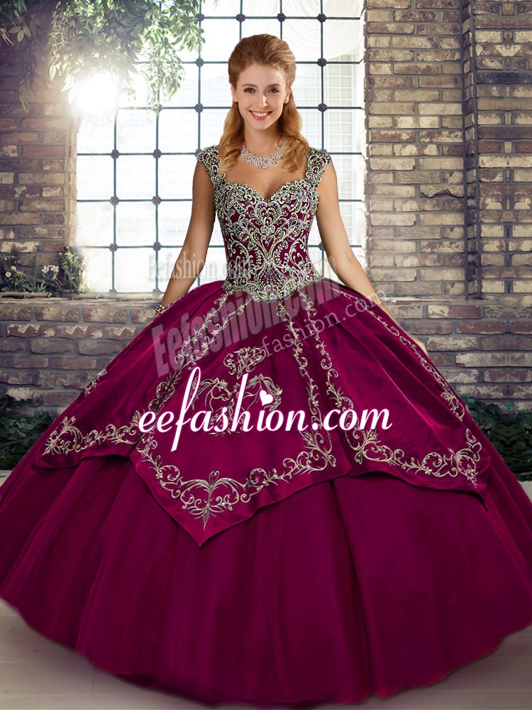 Deluxe Tulle Straps Sleeveless Lace Up Beading and Embroidery Vestidos de Quinceanera in Fuchsia
