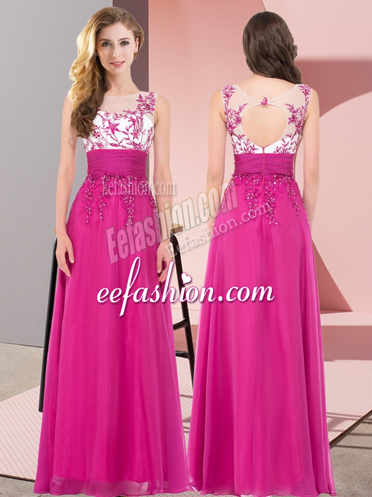  Sleeveless Floor Length Appliques Backless Quinceanera Dama Dress with Fuchsia