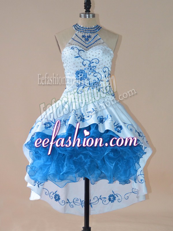 Clearance Blue Halter Top Lace Up Embroidery and Ruffles Prom Evening Gown Sleeveless