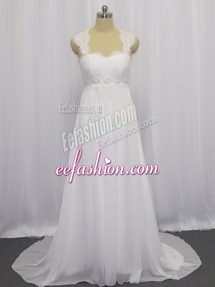 Classical White Wedding Gowns Straps Sleeveless Brush Train Lace Up