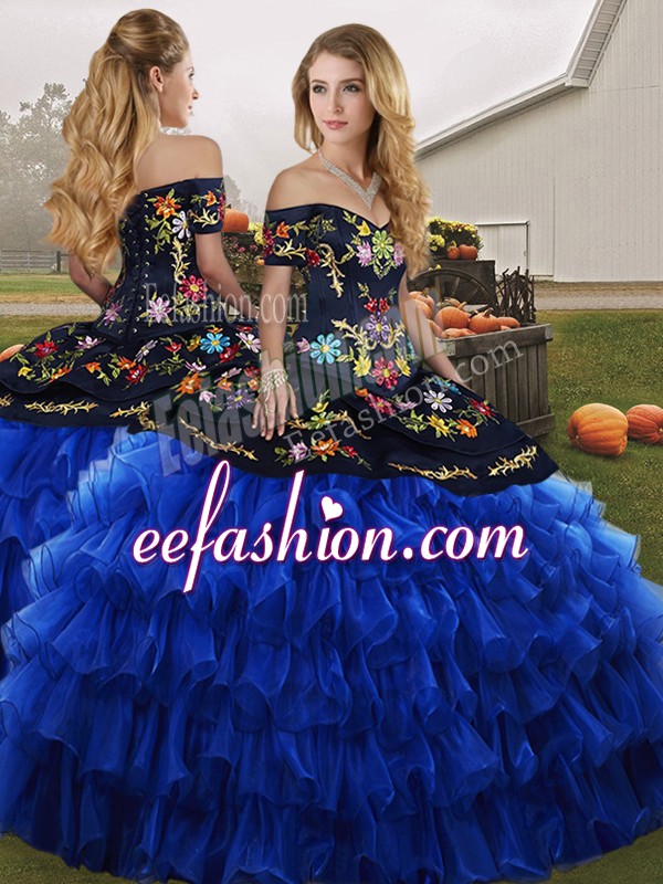 Exquisite Blue And Black Ball Gowns Organza Off The Shoulder Sleeveless Embroidery and Ruffled Layers Floor Length Lace Up Sweet 16 Quinceanera Dress