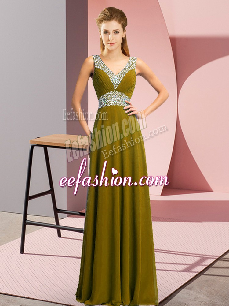  Olive Green Empire V-neck Sleeveless Chiffon Floor Length Lace Up Beading Homecoming Dress