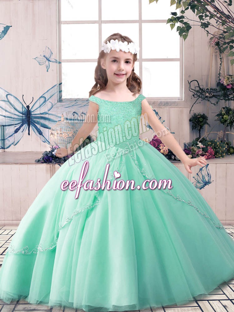  Green Tulle Lace Up Kids Pageant Dress Sleeveless Floor Length Beading