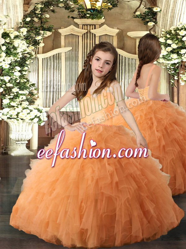  Ball Gowns Child Pageant Dress Orange Straps Tulle Sleeveless Floor Length Lace Up