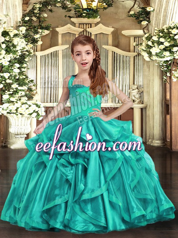 Adorable Aqua Blue Ball Gowns Straps Sleeveless Organza Floor Length Lace Up Ruffles Pageant Gowns