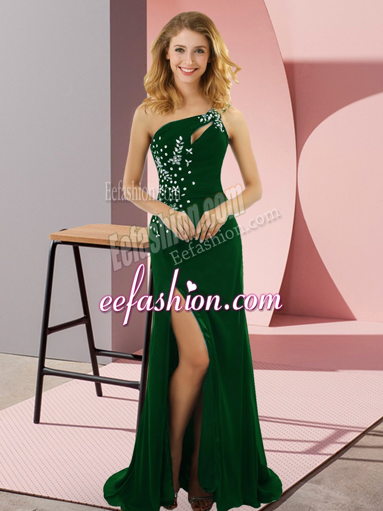  Dark Green Prom Party Dress One Shoulder Sleeveless Sweep Train Lace Up