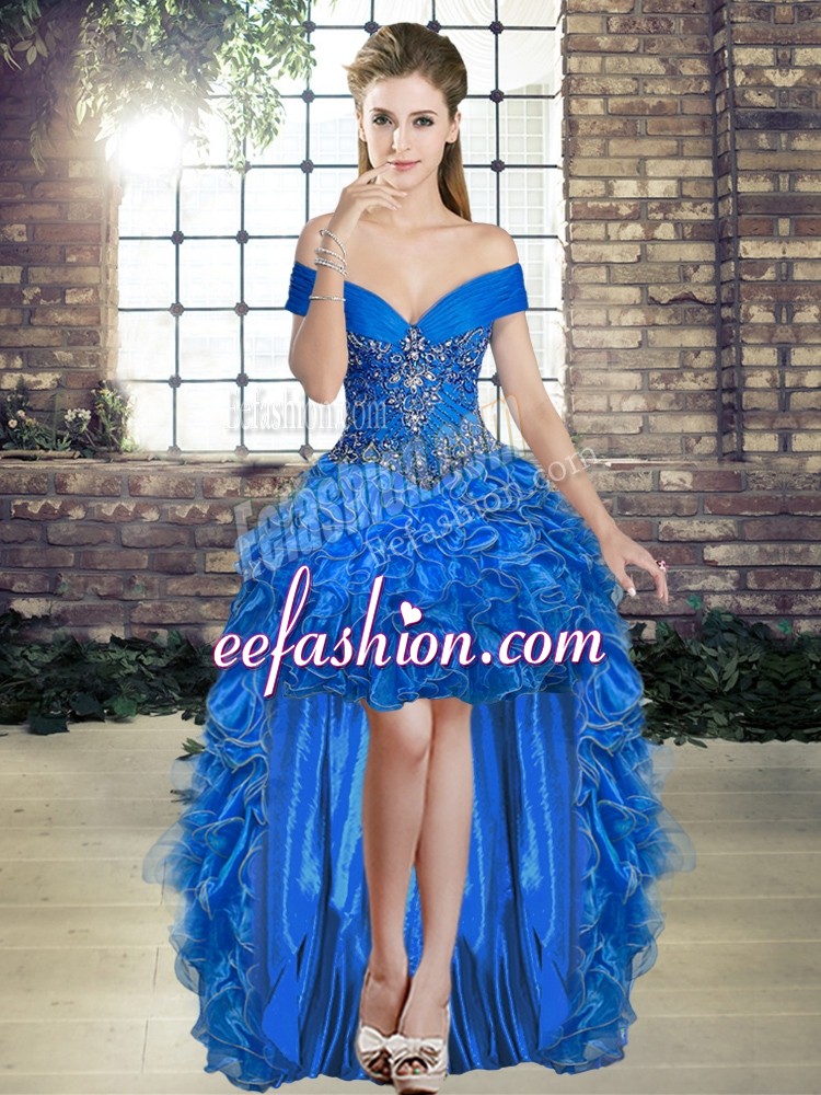 Deluxe Organza Off The Shoulder Sleeveless Lace Up Beading and Ruffles Prom Dress in Royal Blue