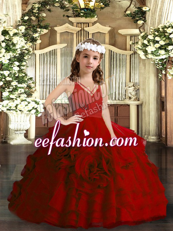  Ball Gowns Kids Pageant Dress Red V-neck Organza Sleeveless Floor Length Zipper