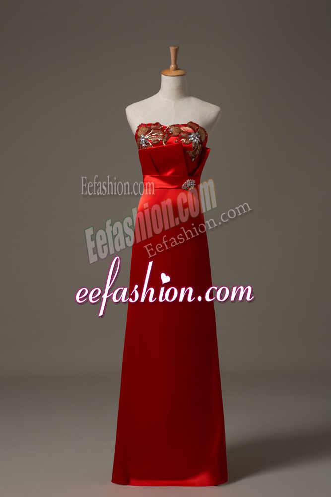 Superior Red Empire Beading and Appliques Dress for Prom Lace Up Satin Sleeveless Floor Length