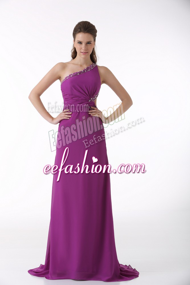 Charming Fuchsia Sleeveless Chiffon Brush Train Backless Prom Party Dress for Prom and Party and Military Ball